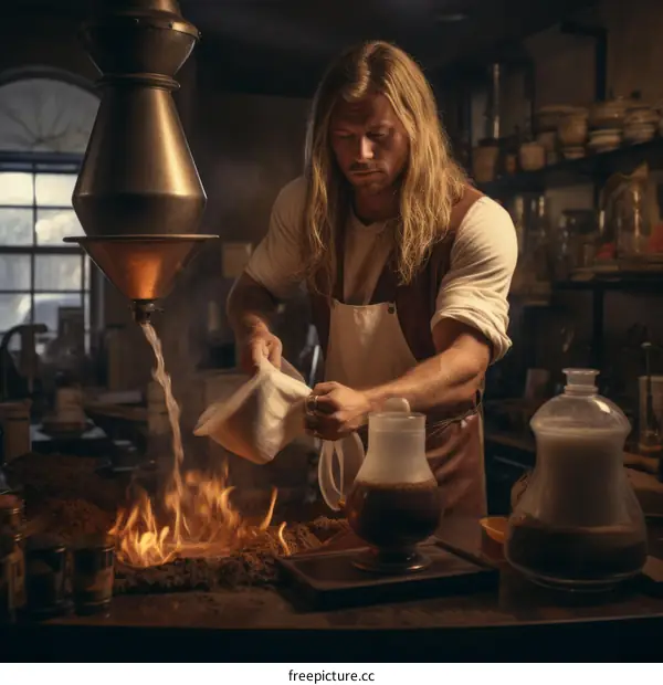 An Alchemist Carefully Pours Liquid from a Glass Container into a Crucible on Fire