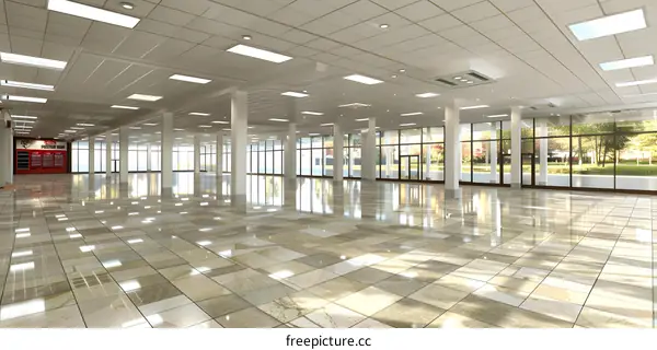 Large Empty Modern Interior Space with White Columns and Tiled Floor