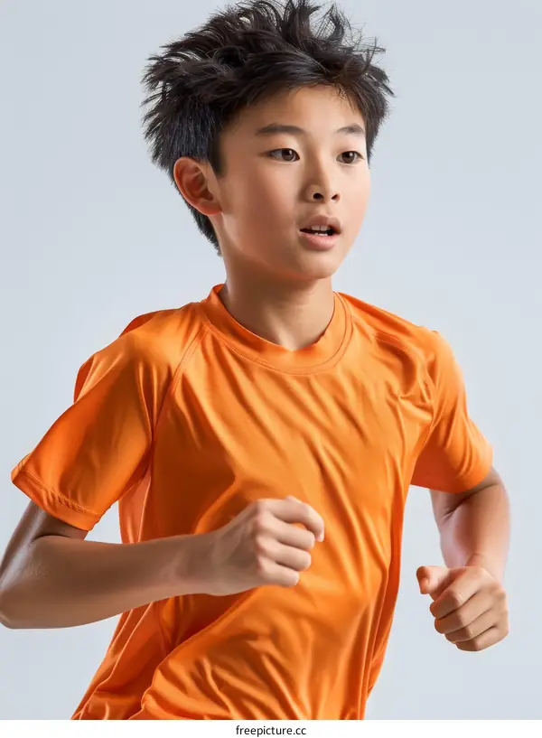 Asian young boy in orange sportswear running