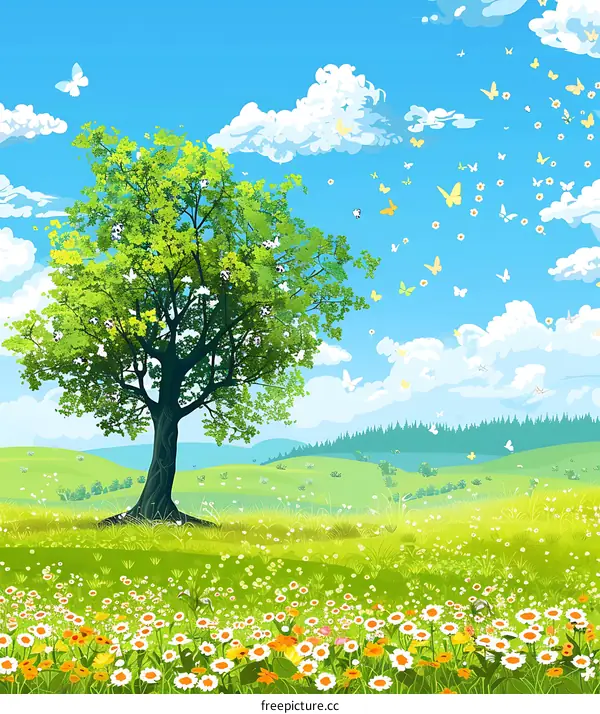 Spring Landscape with Green Tree and Butterflies