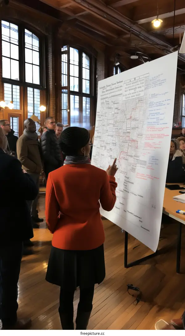 A woman points at a map of a city while a group of people look on