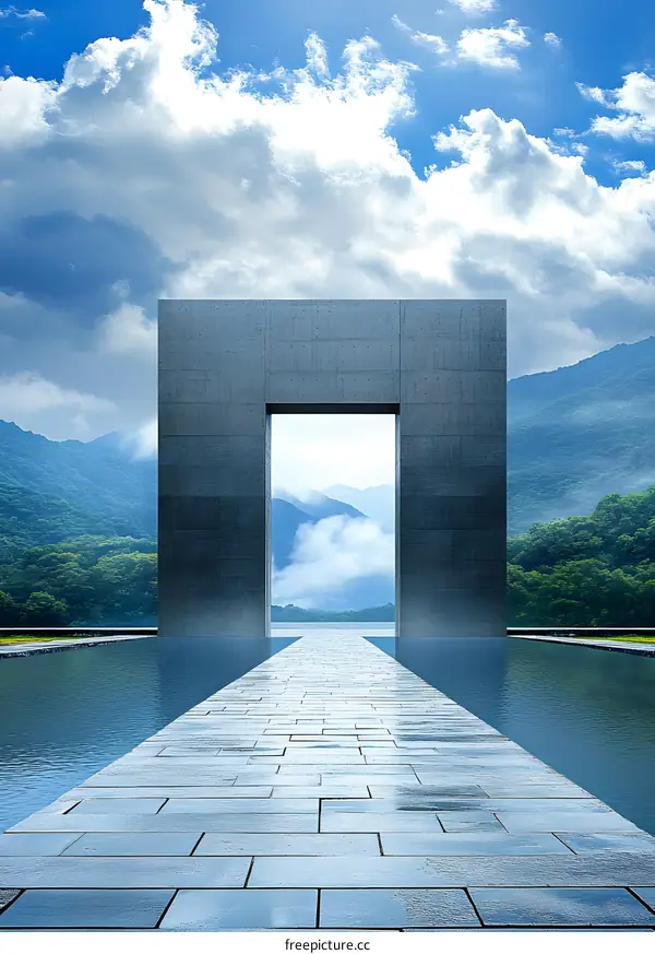 Abstract Concrete Pathway Leading to Mountain Landscape Through a Gateway