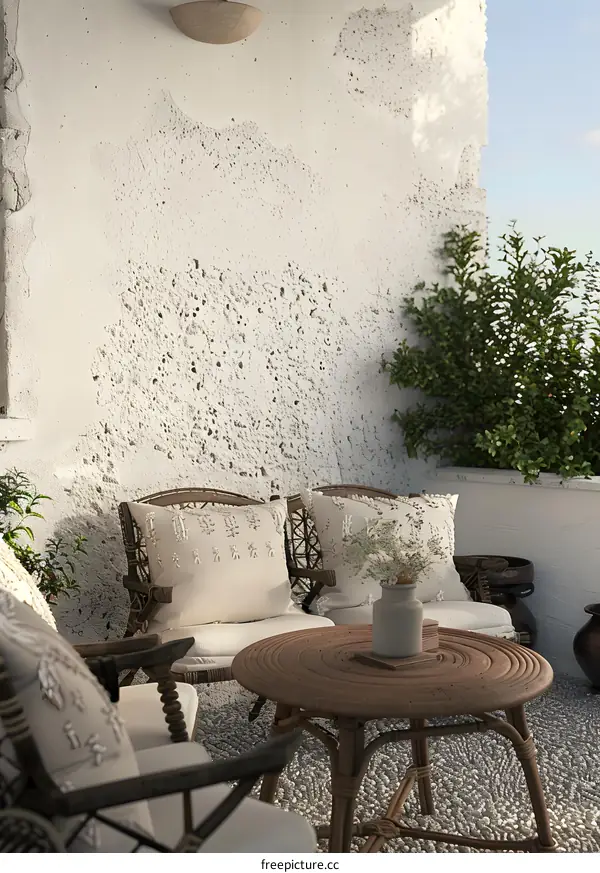 Minimalist Balcony with Wicker Furniture and Plants
