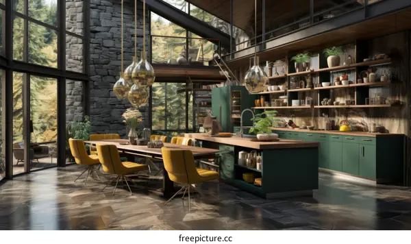 Modern kitchen and dining room with forest view