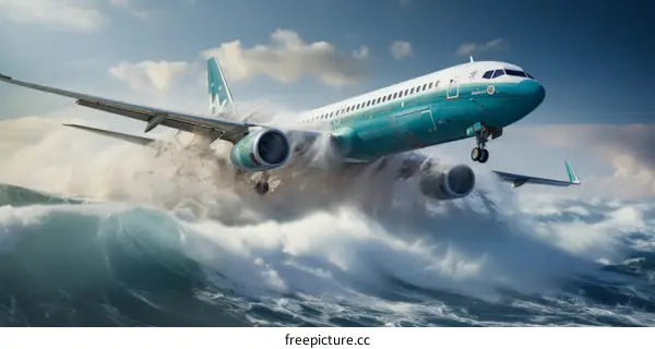 Airplane Flying Over the Sea with Giant Waves