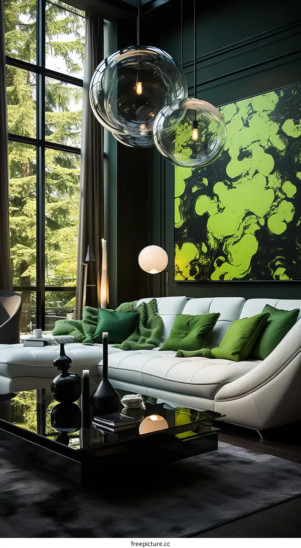 Elegant living room interior design with white sofa and green accents