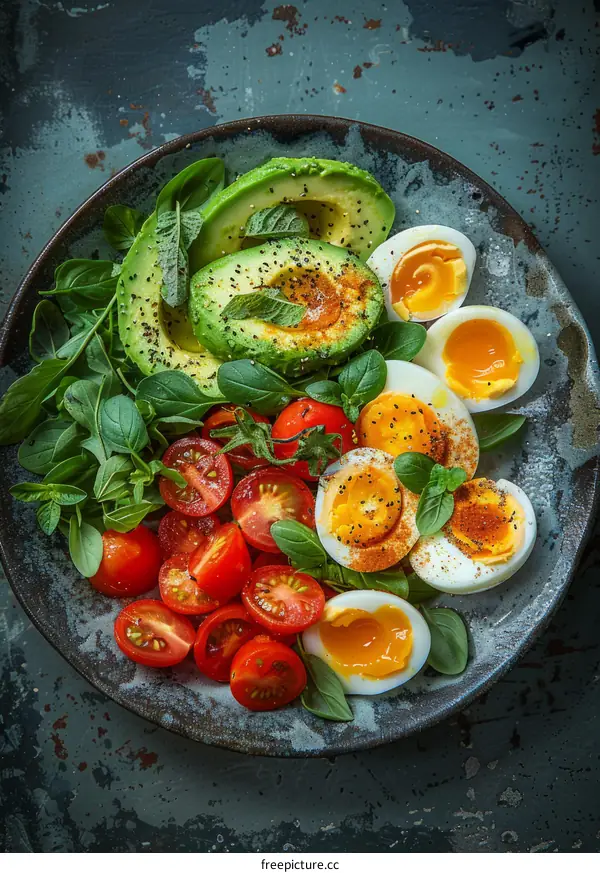 Healthy breakfast with avocado, boiled egg and tomatoes