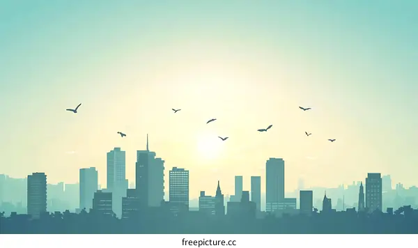 Silhouette of Cityscape with Birds Flying in the Sky