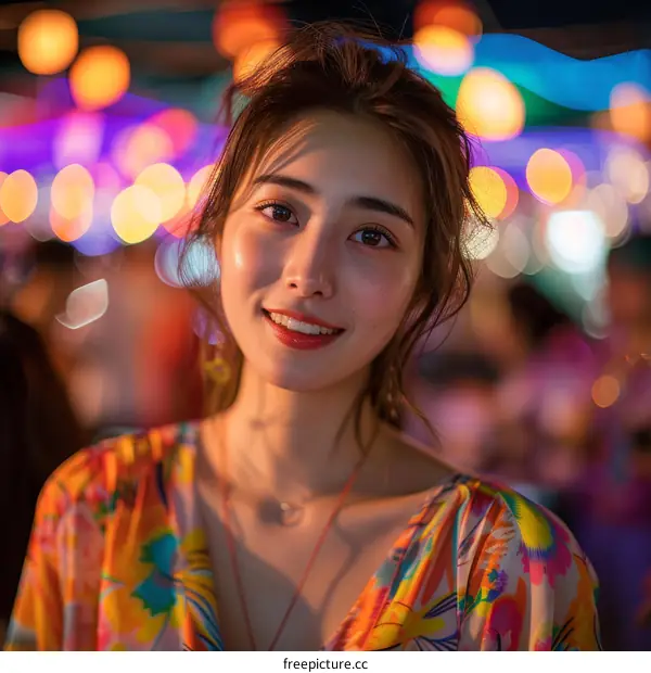 Portrait of a Young Woman at a Night Market