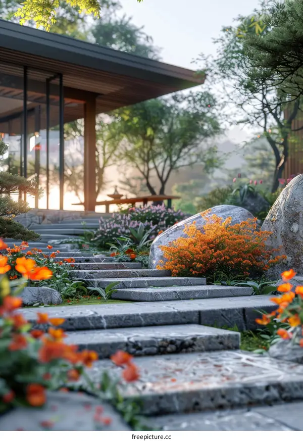 Stone Steps and Flowerbed in Japanese Courtyard
