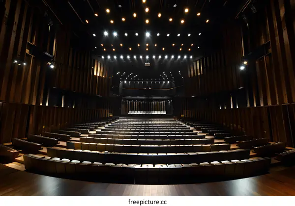 Empty Auditorium with Wooden Seats and Stage Lights