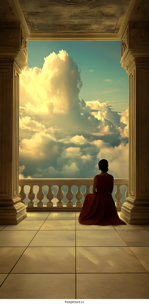 Woman Sitting On Balcony Looking At Clouds