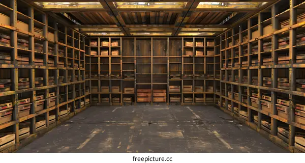 Empty Wooden Warehouse Interior with Shelving