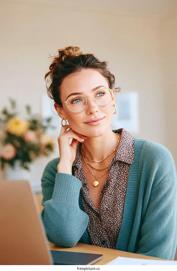 A Young Woman with Glasses Working at a Desk with Laptop