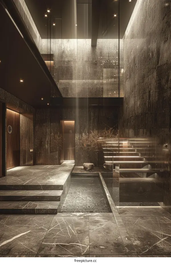 Modern Interior Design with Stone Flooring and Staircase