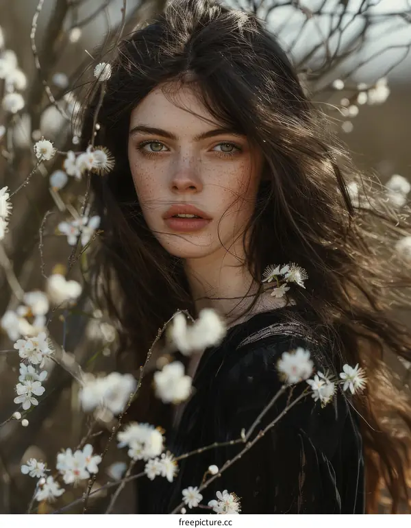 Elegant Young Woman with Dark Hair and Freckles Surrounded by White Flowers