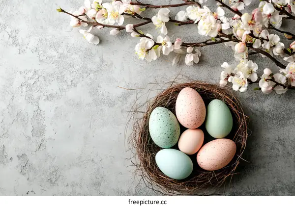 Easter Eggs in a Nest with Spring Flowers