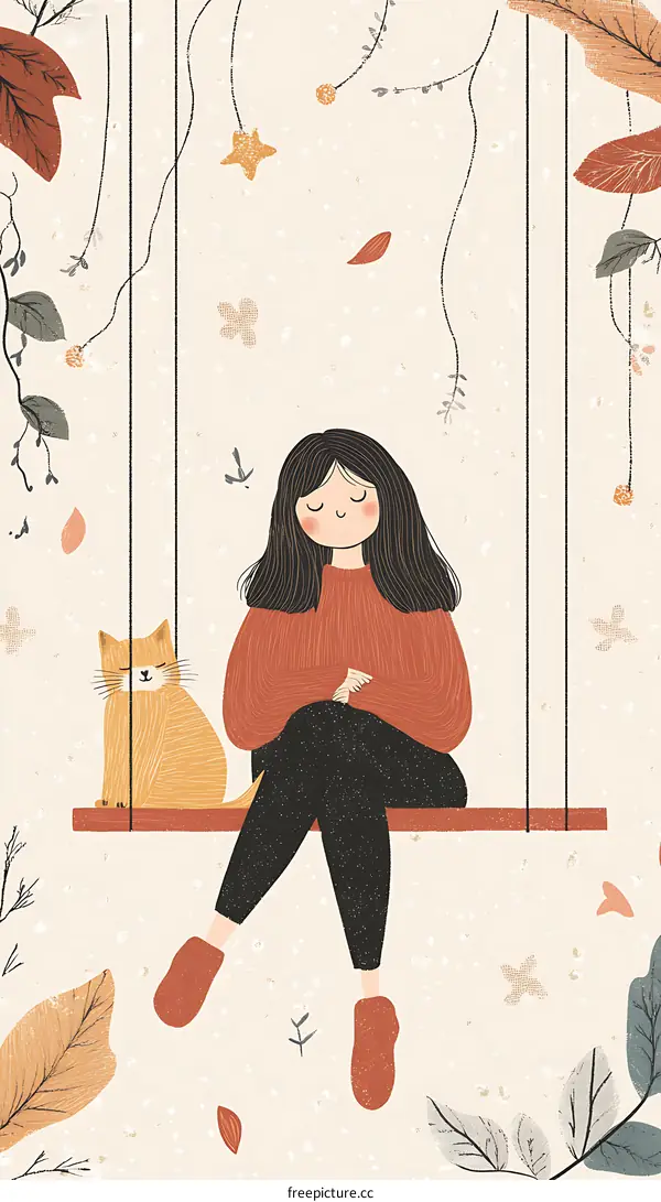 Girl Sitting on a Swing with a Cat in Autumn