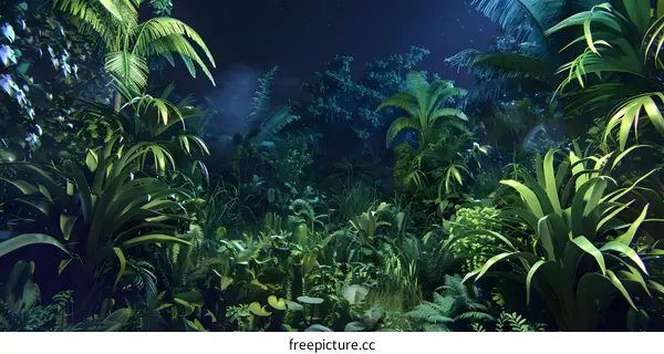 Tropical Rainforest Night Scene with Lush Greenery and Stars