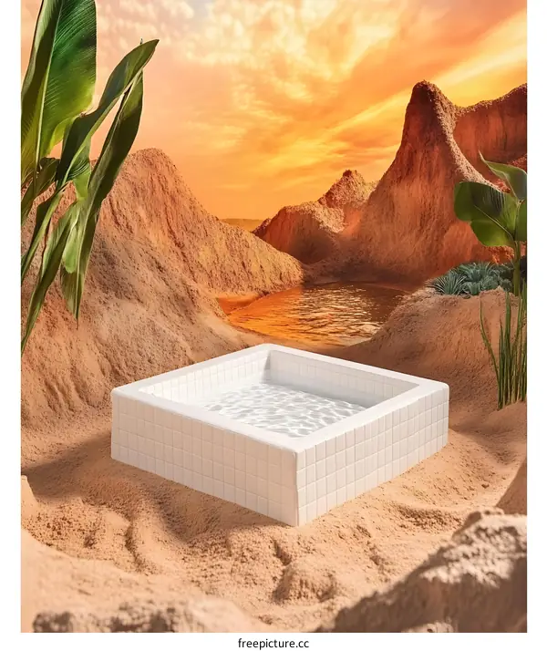 White Square Pool in Desert Landscape