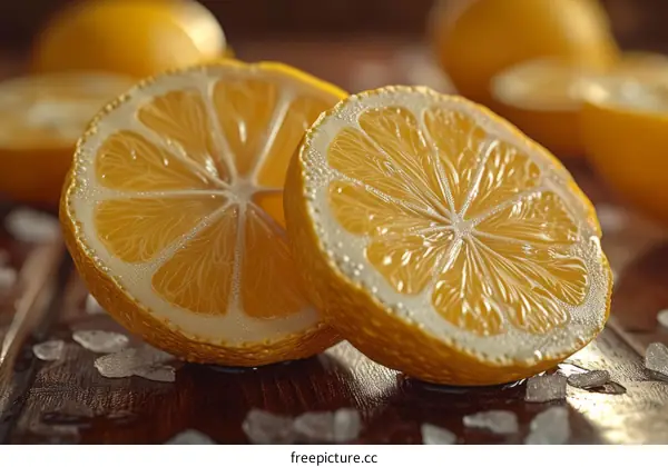 Close-up photo of juicy lemon halves on a wooden table