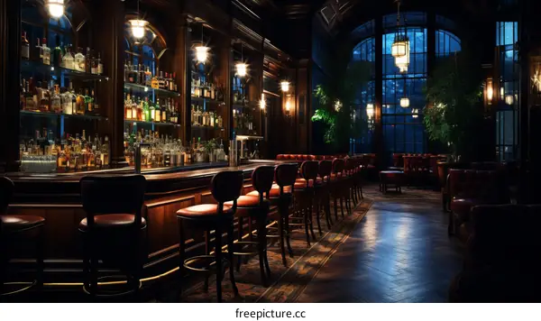 Luxurious bar interior with dark wood, leather chairs, and a long bar counter