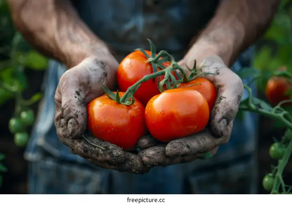 Farmer holding a handful of ripe tomatoes