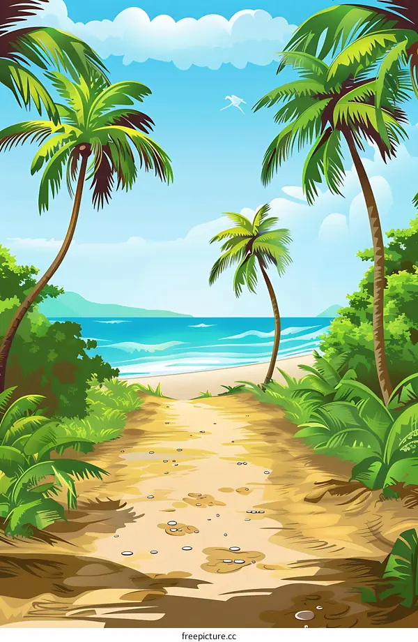 Tropical Paradise Beach Scene with Palm Trees