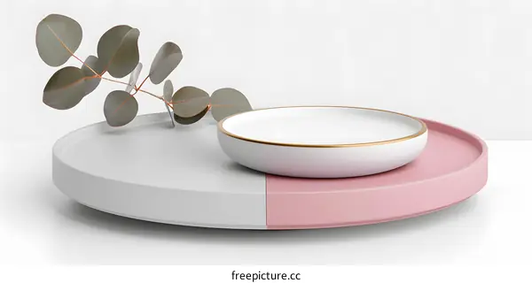 Minimalist White and Pink Tray With Eucalyptus Leaf