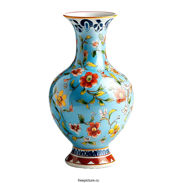 [Transparent Background PNG]Beautiful Decorative Blue Vase with Floral Design
