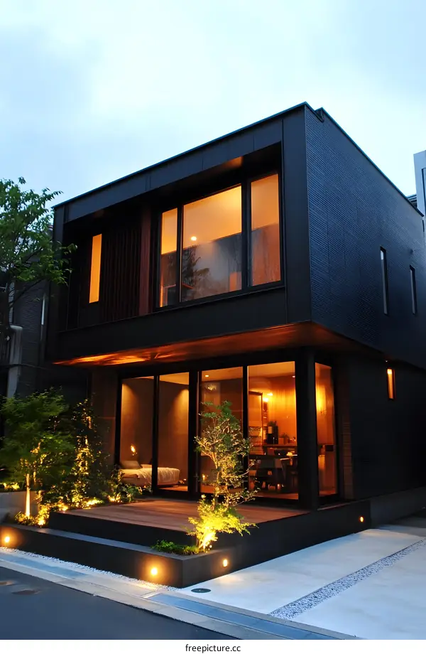 Modern Black House with Warm Lighting