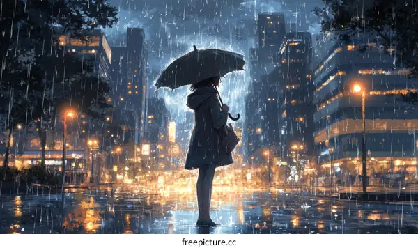Rainy Night Cityscape with a Woman