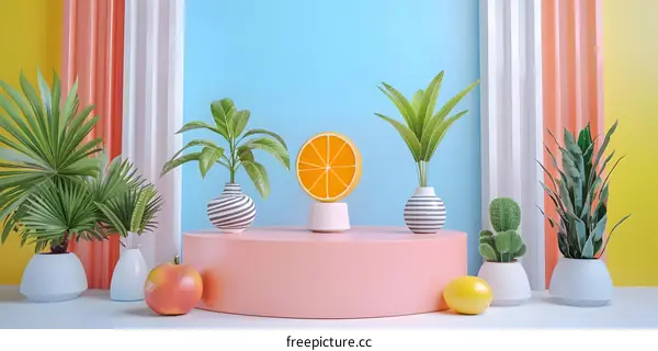 Summer Still Life with Fruit and Plants in Vases