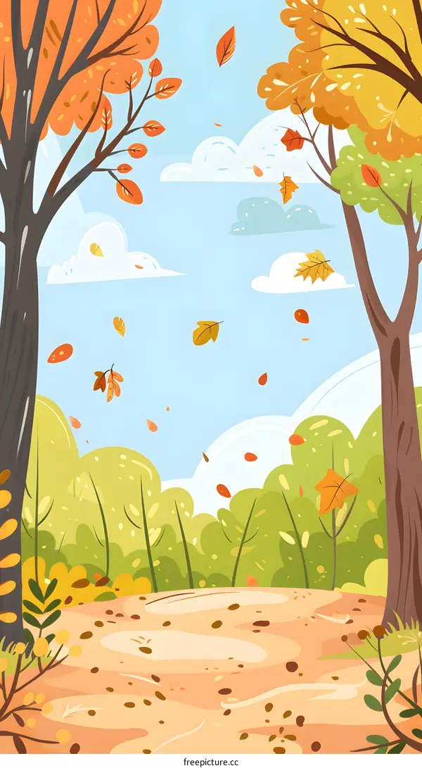 Autumn Forest Landscape With Falling Leaves