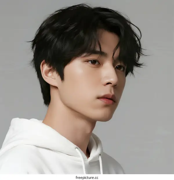 A Young Man with Short Black Hair Wearing a White Hoodie