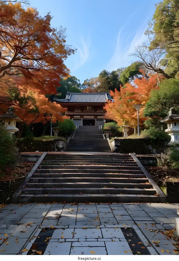 Colorful autumn leaves and stairs leading up to a temple in Japan