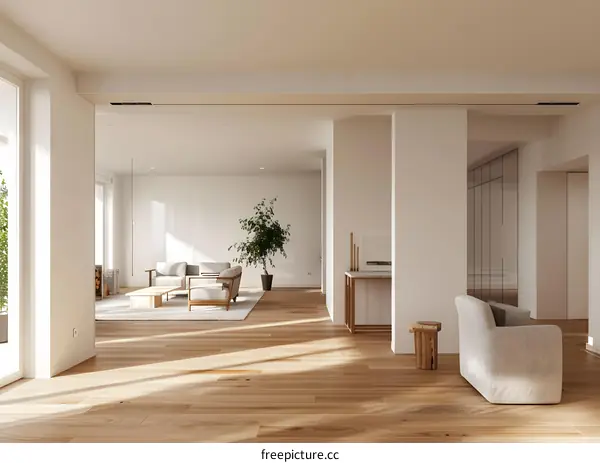 Modern Minimalist Living Room Interior Design With White Walls And Wooden Floor