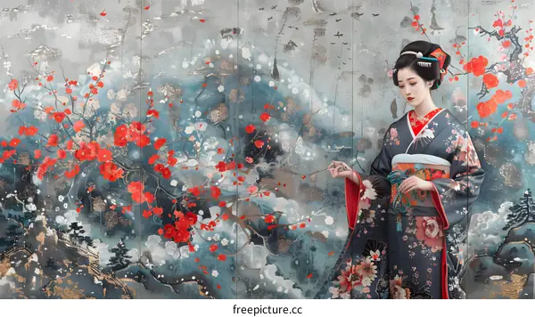 A Japanese woman wearing a kimono stands in front of a wall with a cherry blossom pattern.