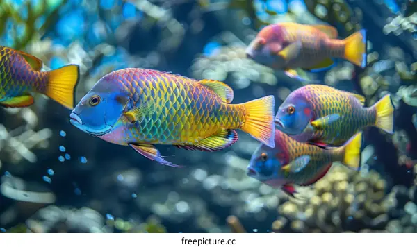 A vibrant and colorful underwater scene of a school of Parrotfish swimming in a coral reef