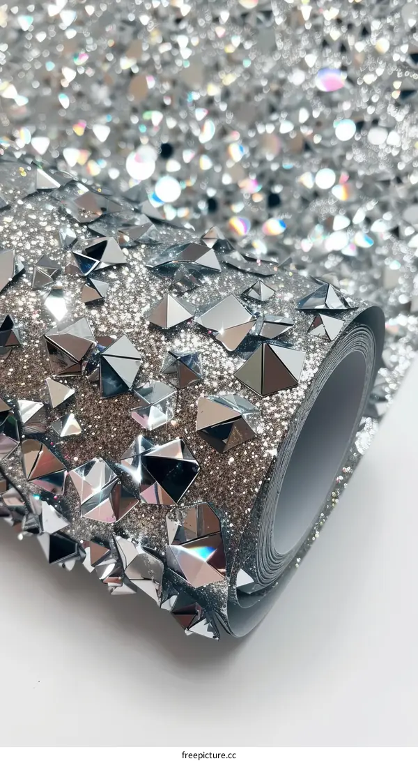 A roll of silver glitter wallpaper with square and triangle mirror pieces