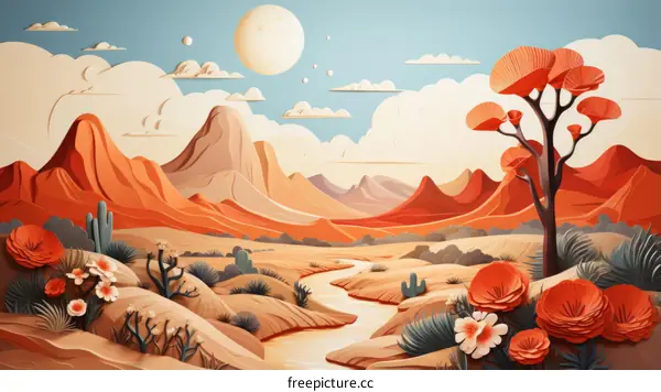 Arid Desert Landscape with Mountains, River, and Wildflowers