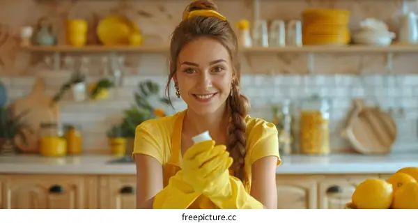 Cheerful young woman in yellow apron and gloves holding a spray bottle of detergent in the kitchen
