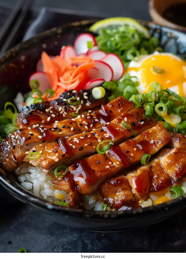Teriyaki Chicken Bowl with Rice, Sesame Seeds, and Green Onions