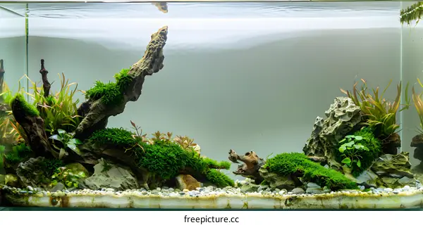 Aquarium Tank with Green Plants and Driftwood