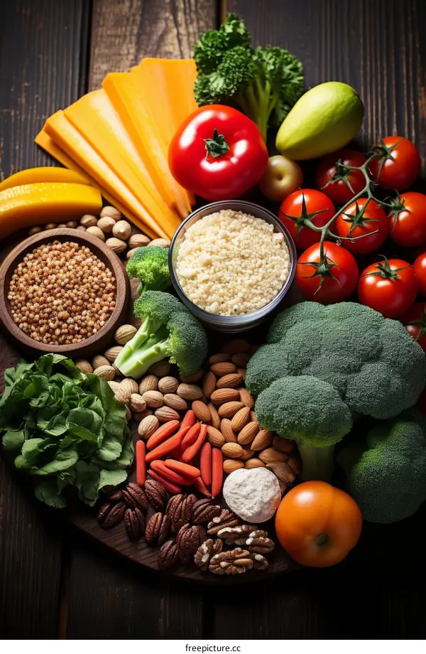 A variety of healthy food including fruits, vegetables, nuts, and grains