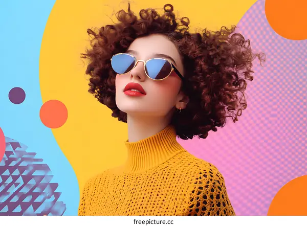 Portrait of a Young Woman Wearing Sunglasses and Yellow Sweater on Abstract Colorful Background
