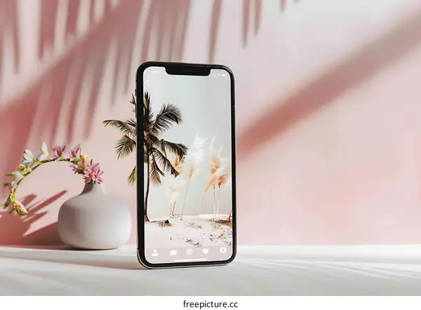 Palm Trees on a Phone Screen with a Pink Background