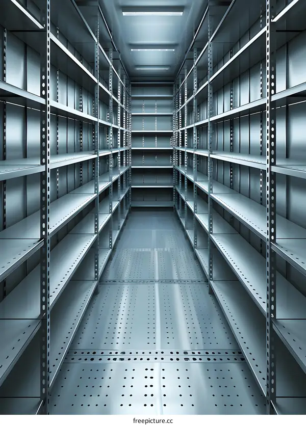 Empty Warehouse Interior with Rows of Metal Shelving