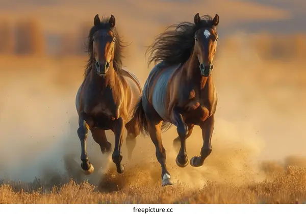 Two horses galloping across a grassy plain
