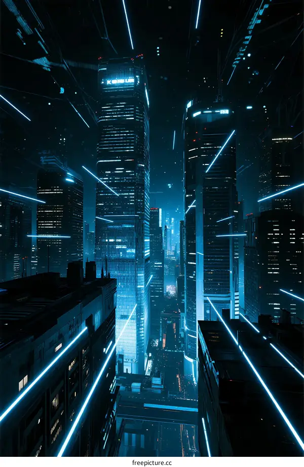 Futuristic Cityscape with Glowing Skyscrapers and Neon Lights